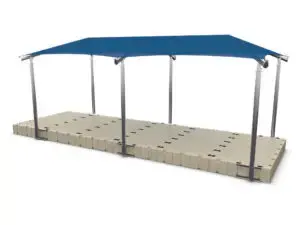 EZ Shade 10' x 20' canopy on a beige EZ Dock with navy blue top