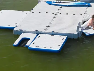 EZ Dock 6' x 6' inflatable square raft on the water