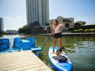 Person and dog on an EZ Dock 11'6" inflatable stand-up paddle board